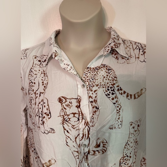 Jane & Delancey White Brown Wild Cat Cheetah Tiger Print Button Down L #1828 - Picture 5 of 11